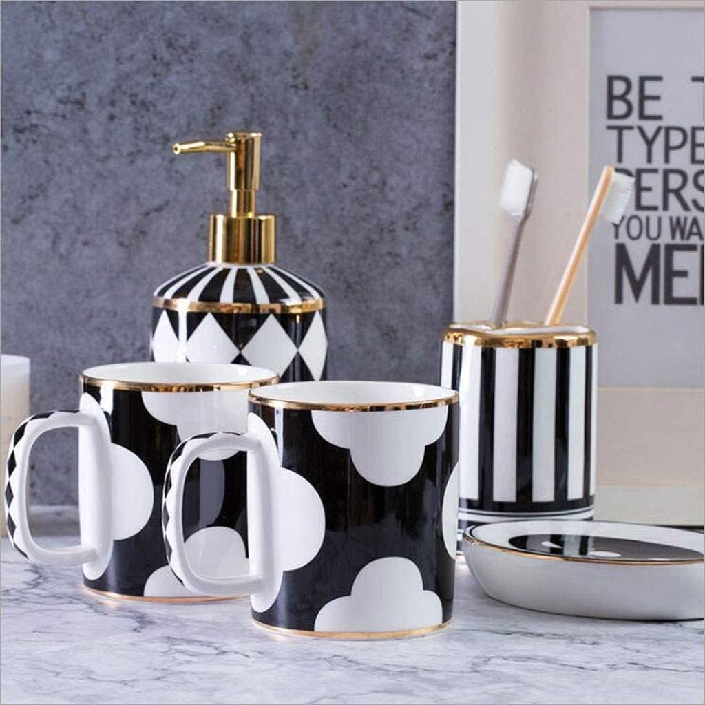 Vanity Bathroom Decor, 5-Piece Ceramic Bathroom Accessory Set Soap Dispenser Mouthwash Cup Soap Dish Toothbrush Holder Toiletries Set Housewarming Gift(B)