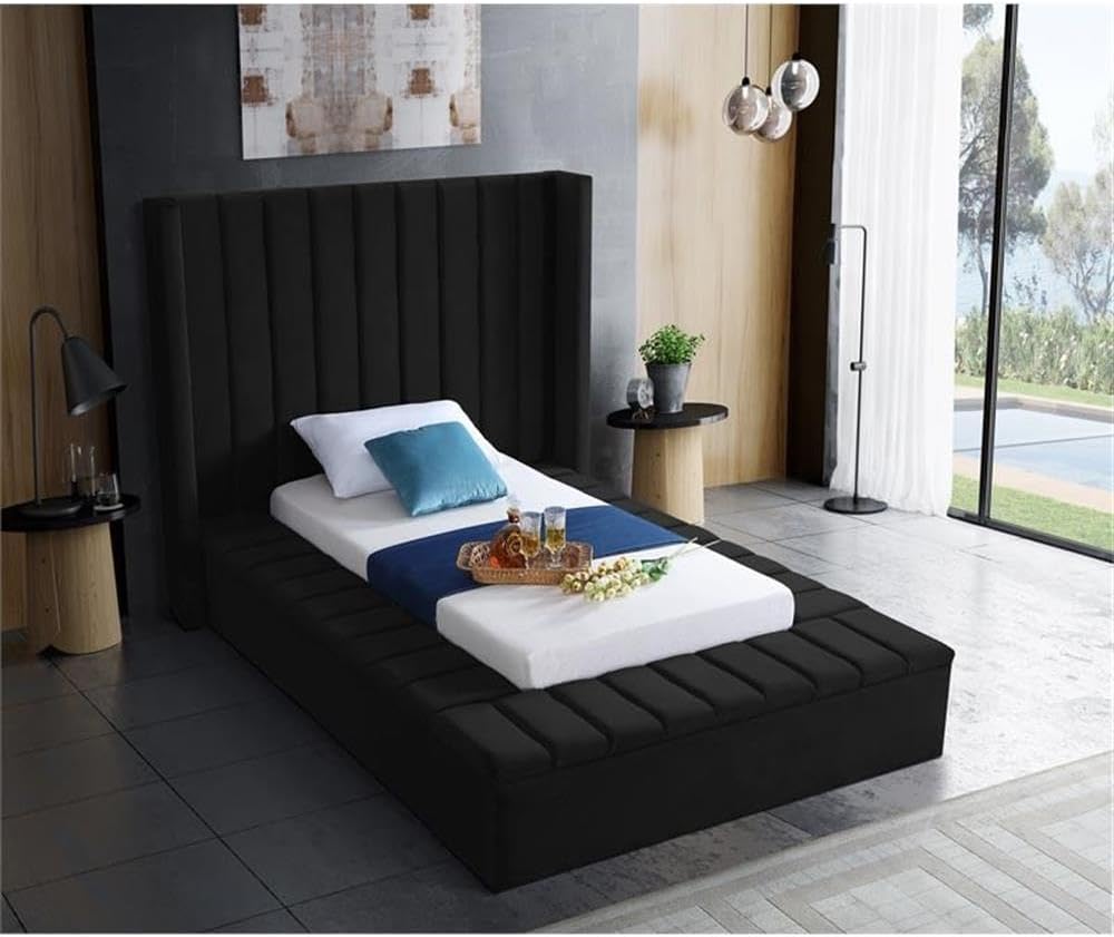 Meridian Furniture Kiki Collection Modern | Contemporary Velvet Upholsterd Bed with Channel Tufting, Siderails and Footboard Storage Compartments, Twin, Black