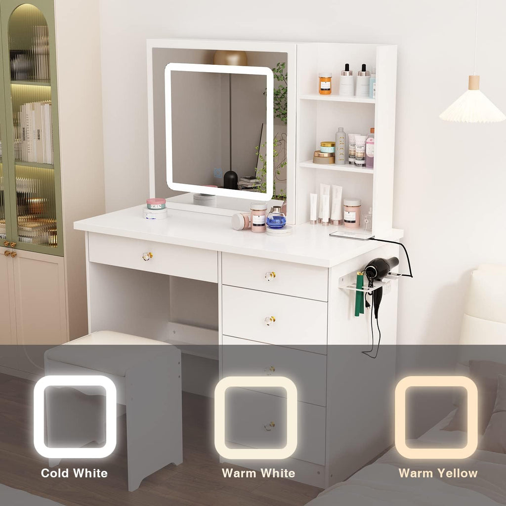 Homsee Vanity Desk Set Makeup Table with Large Sliding Lighted Mirror, Power Strip & Hair Dryer Holder, Modern Dressing Table with Drawers, Storage Shelves & Stool for Bedroom, White