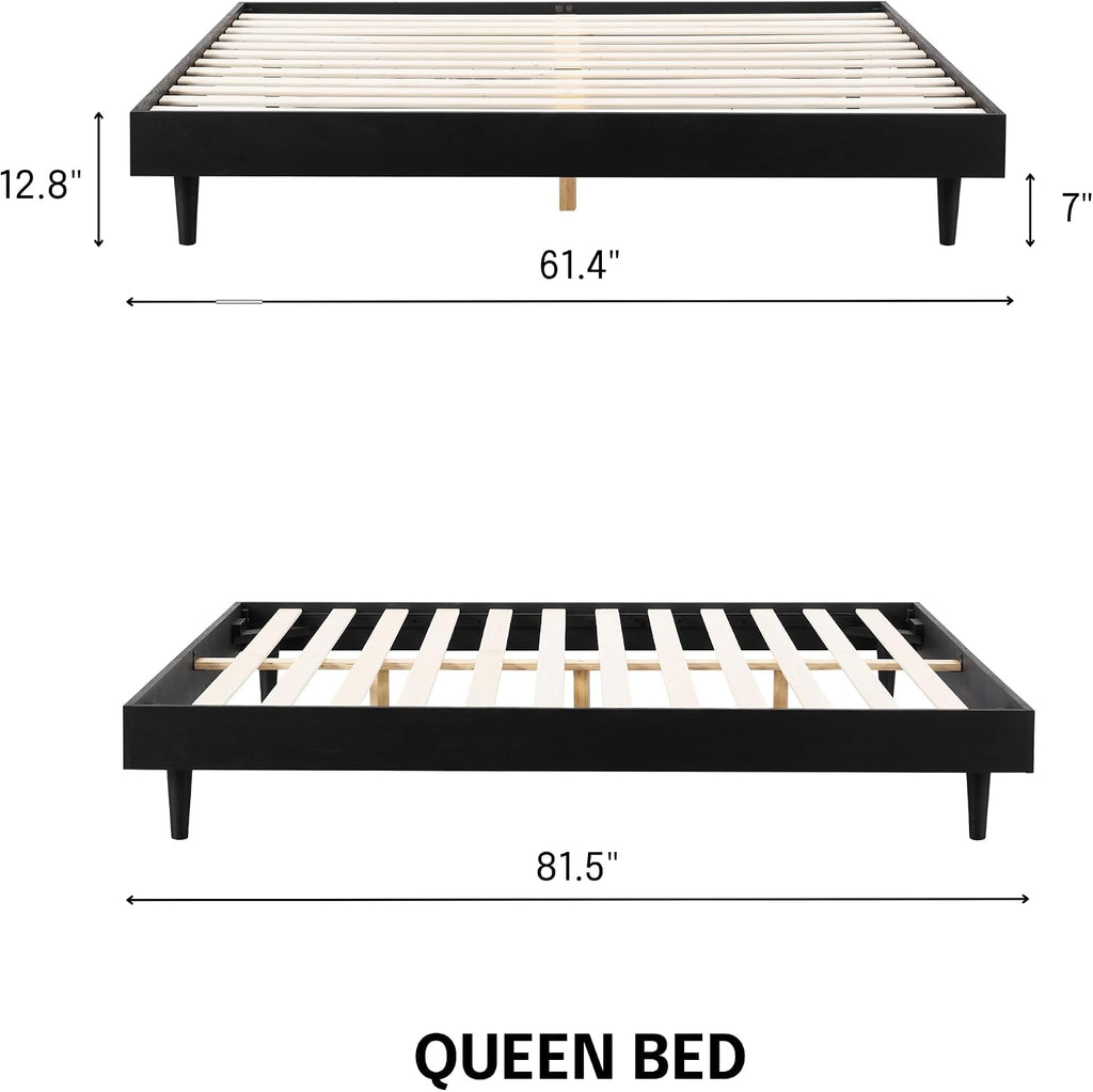 NTC Fly Wooden Bed Frame Without Headboard, Solid Oak and Rubber Wood Foundation with Silent Slats and Wood Central Supports, 1000 Lb Capacity, Effortless Assembly, Queen - Burnt Black