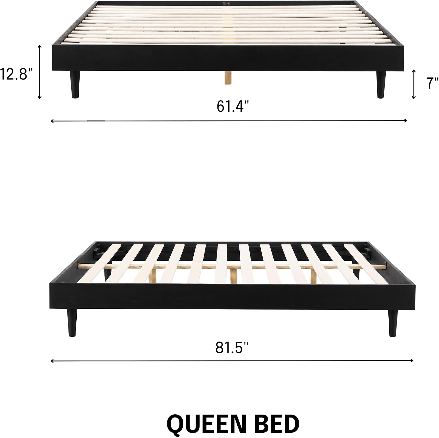 NTC Fly Wooden Bed Frame Without Headboard, Solid Oak and Rubber Wood Foundation with Silent Slats and Wood Central Supports, 1000 Lb Capacity, Effortless Assembly, Queen - Burnt Black