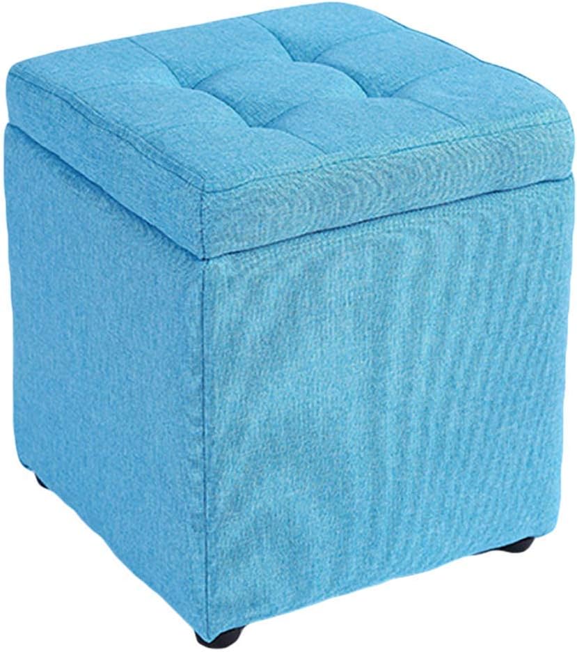 BTZHY Vanity Chair,Linen Upholstered Storage Bench Footrest Stool,Cube Organizer Box Pouffe Footstool Wood Feet Puff Seat-Blue 30x30x35cm