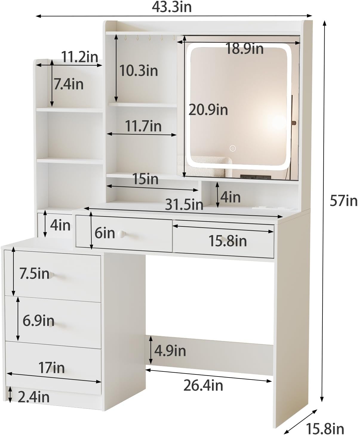 Vabches Vanity Desk with Mirror and Lights, Makeup Vanity with 6 Drawers and Shelves, Dressing Table with Power Outlet, Makeup Desk with Led Lighted Mirror in 3 Colors, for Bedroom, White