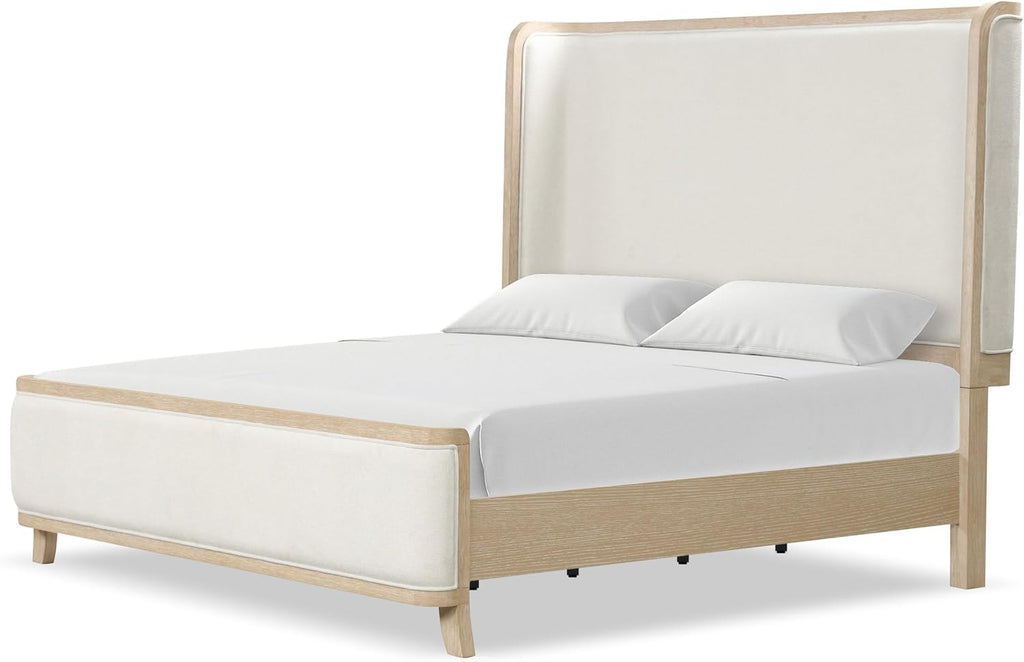 Furniture of America Saries Transitional Solid Wood 3-Piece King Panel Bedroom Set with USB Ports, Shelter Padded Headboard, Soft Curved Edges, Box Spring Needed, Natural Oak