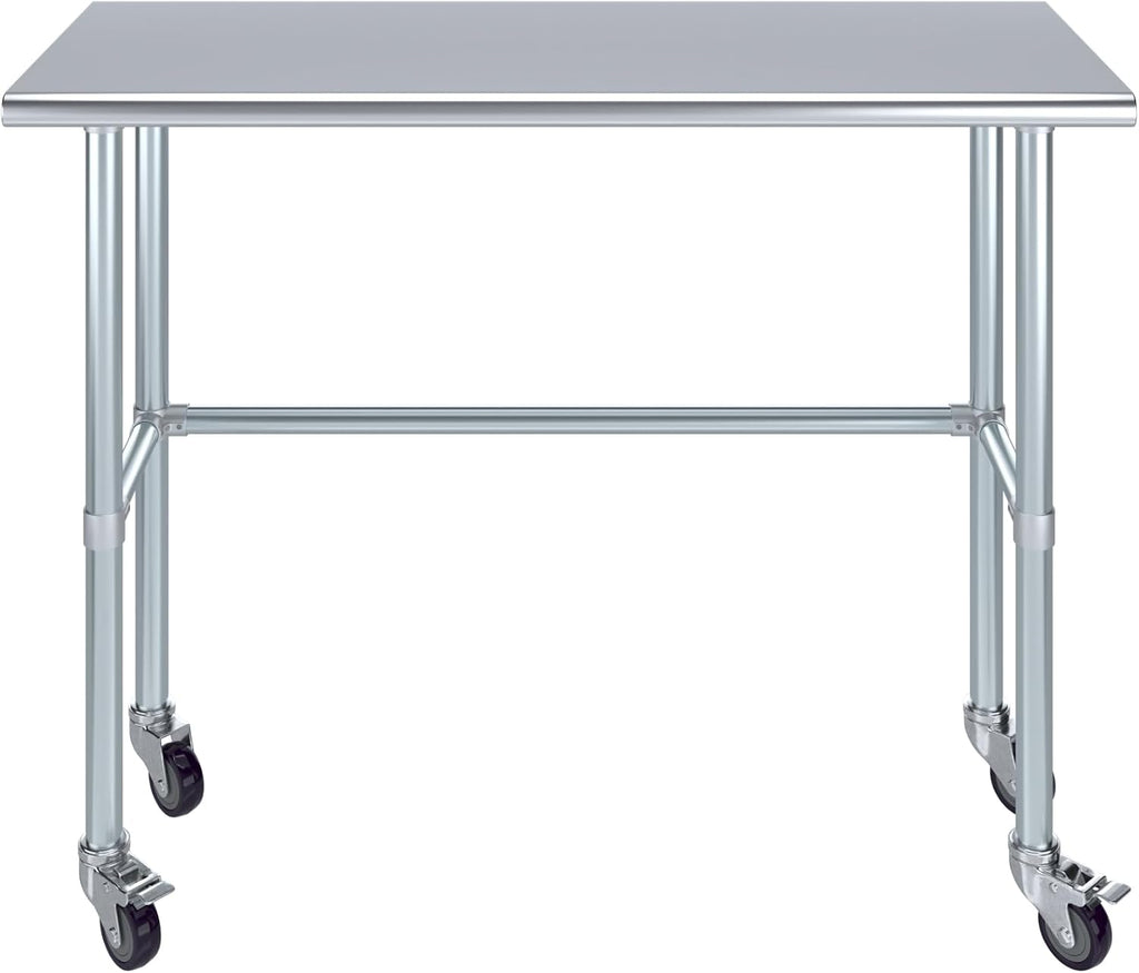 AmGood Stainless Steel Work Table Open Base & Wheels | Work Station | Metal Work Bench (Stainless Steel Work Table Open Base + Casters, 48' Long x 18' Deep)
