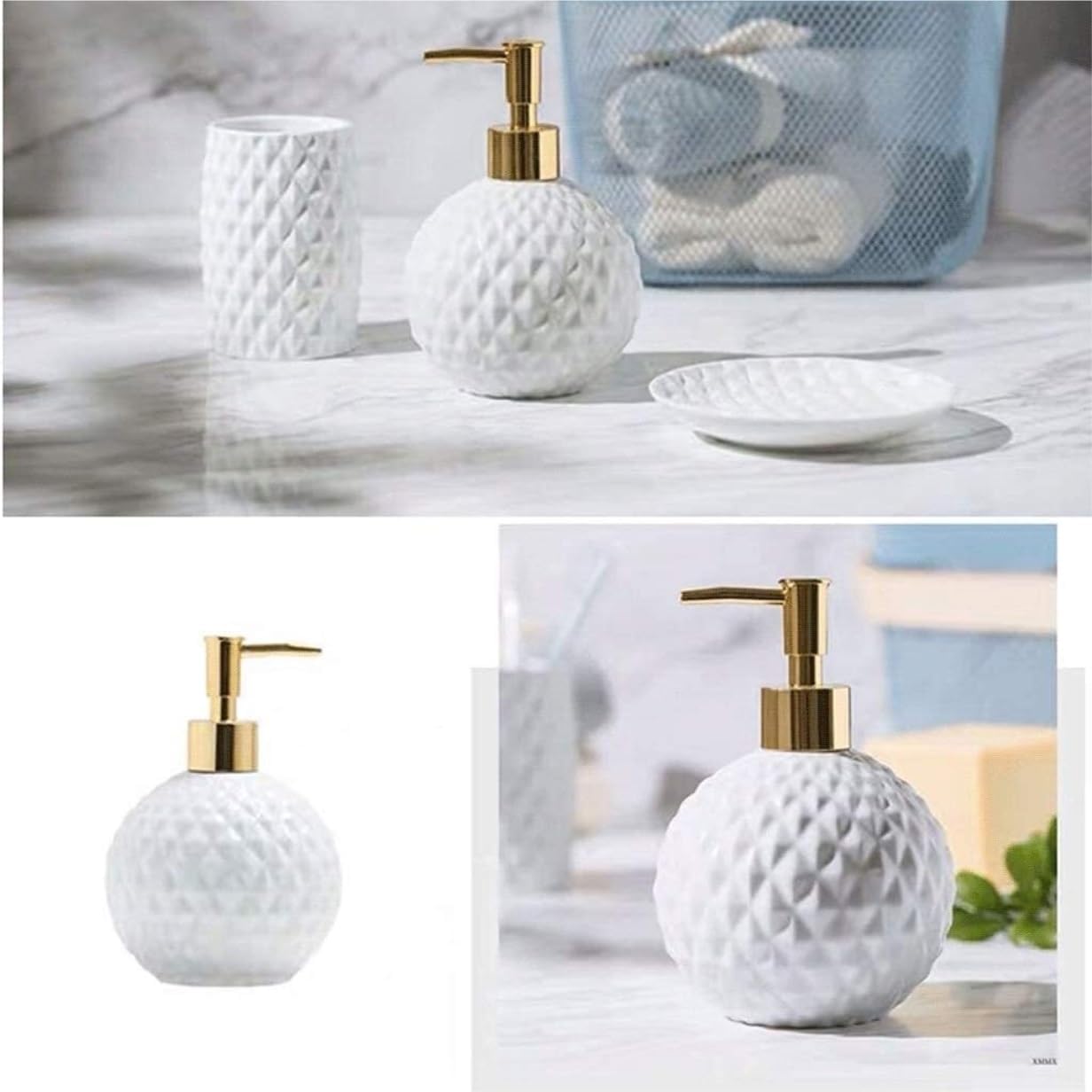 Vanity Bathroom Decor, 5pcs Ceramic Bathroom Accessories Set Geometric Bathroom Set Includes Lotion Dispenser Pump Tumbler Housewarming Gift