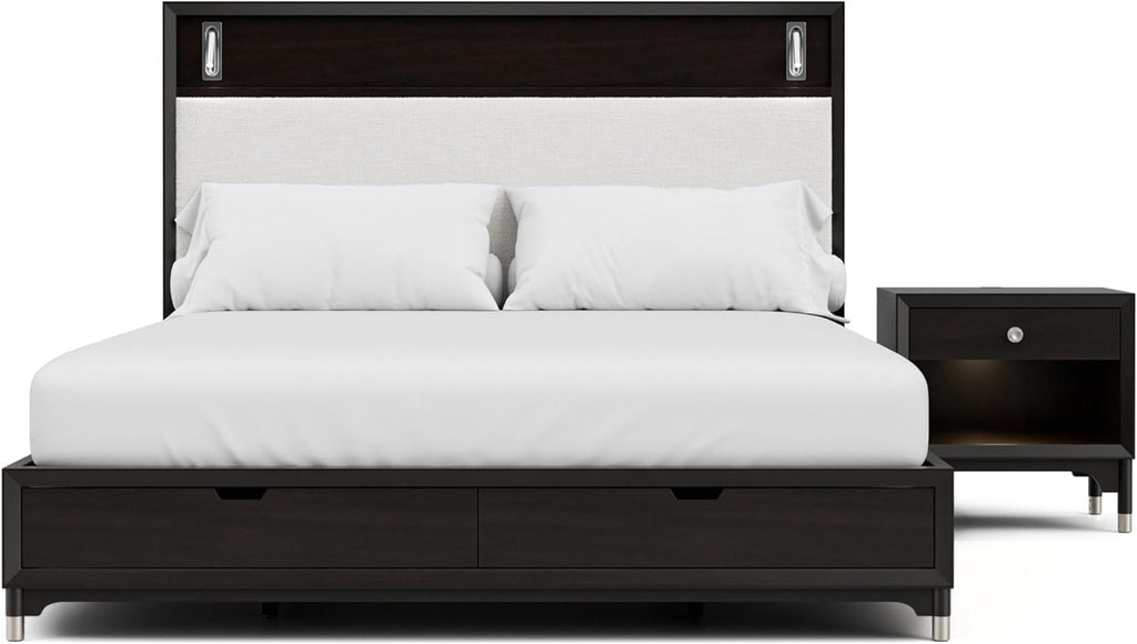 Furniture of America Forma Modern Solid Wood 2-Piece Bedroom Set with Storage Bed with LED Reading Lights, Ball-Bearing Glide, USB Charging Ports on Nightstands, No Box Spring Needed, King, Black