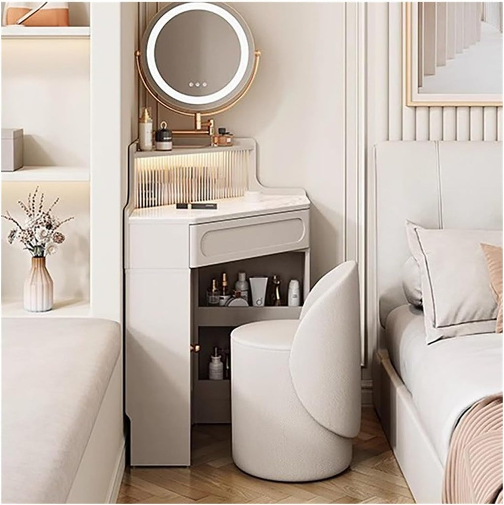 Makeup Vanity Desk Corner Vanity with Mirror and Lights, Modern Makeup Set for Bedroom/Cloakroom, Glass Storage Cabinet Table,White(Small)