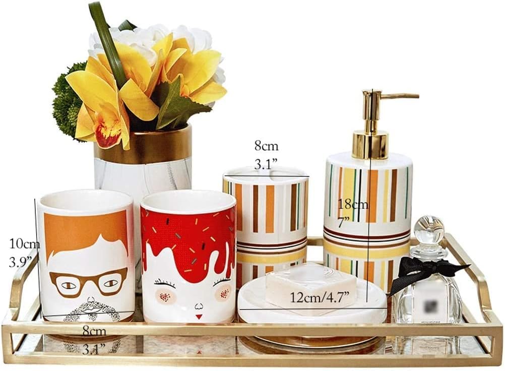 Vanity Bathroom Decor, Ceramic Bathroom Accessory Set 5 Pieces Soap Dispenser Toothbrush Holder Lotion Pump Bottle Housewarming Gift