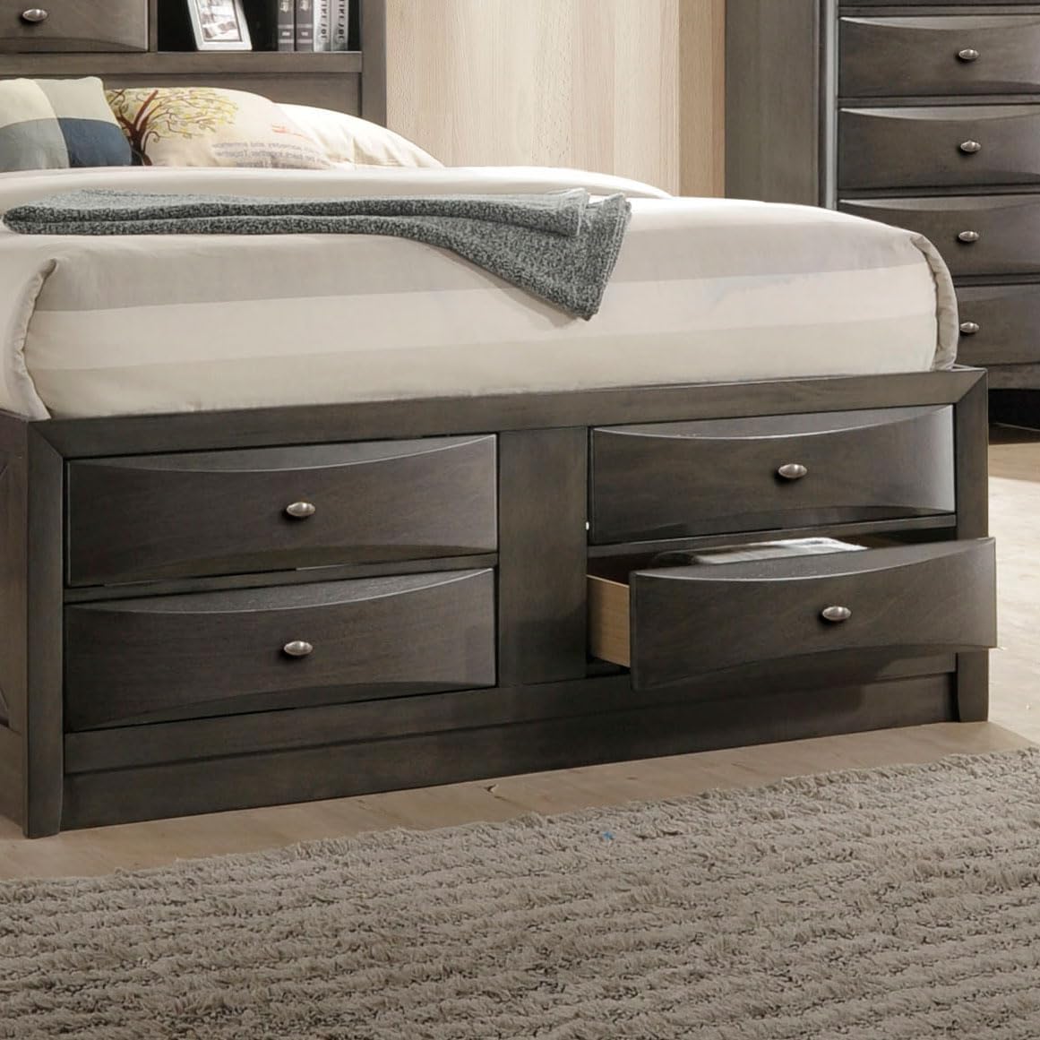 Furniture of America Darius Transitional Solid Wood 3-Piece Queen Platform Bedroom Set with Drawers, Bookcase Headboard and Knob Pulls, Mattress Ready, Gray