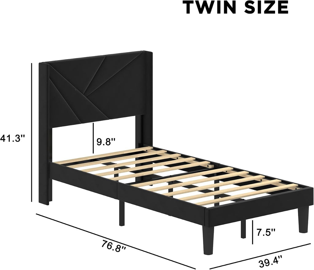 Twin Size Bed Frames with Upholstered Wingback Headboard, Easy Assemnly Platform Bed and Heavy Duty Wooden Slats Support, Noise-Free, No Box Spring Needed (Black, Twin)