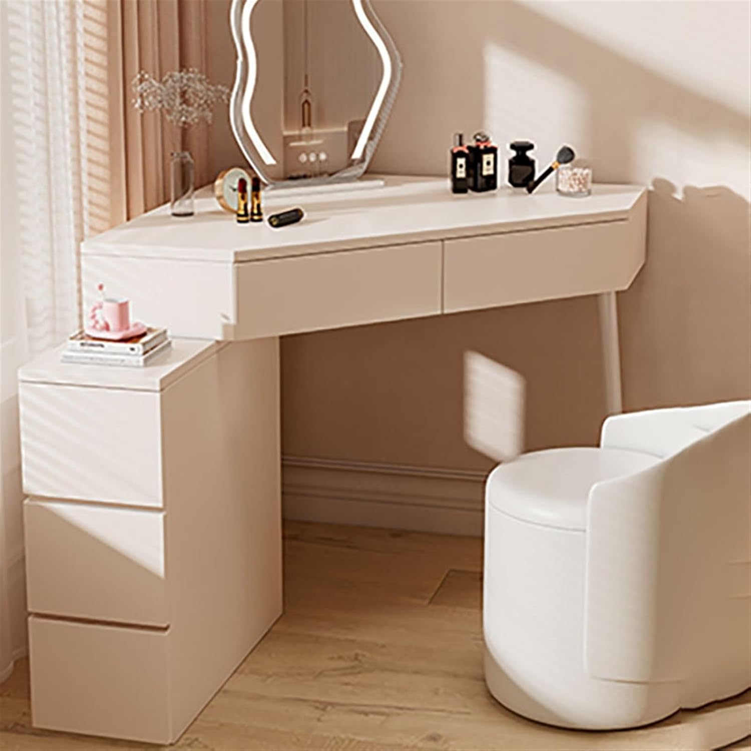 Makeup Vanity Desk Modern Vanity Desk, White Corner Table, Small Space Makeup with Mirror and 5 Drawers(Small)