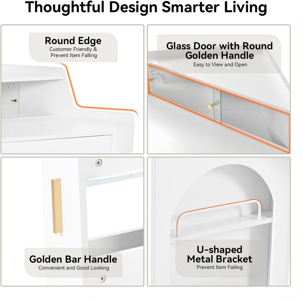 Corner Vanity Desk, Modern Vanity Set with Mirror and Stool, Bedroom Dresser LED Mirror Stepless Dimmable for Small Place, Brightness Adjustable Folding Mirror, White