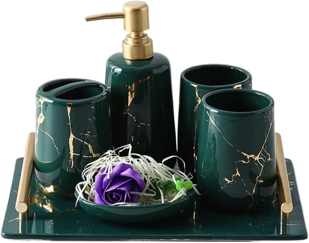 Vanity Bathroom Decor, Bathroom Accessory Set Modern Design Pieces Ceramic Light Luxury Bath Accessories Bath Set for Bathroom Housewarming Gift(B)