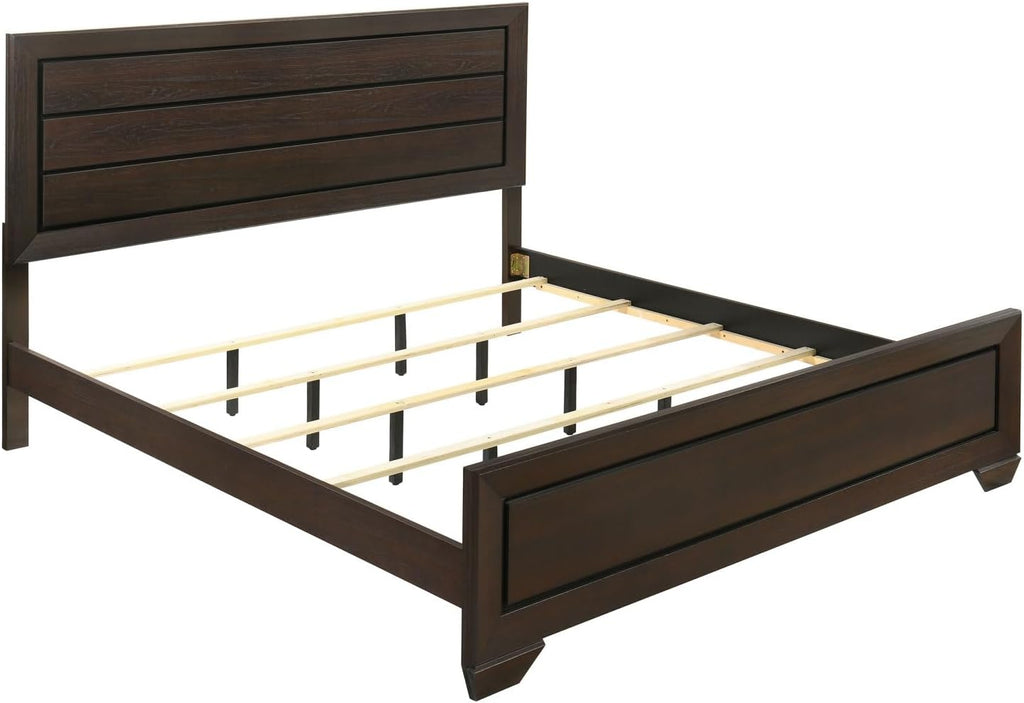 Oatfield Dark Cocoa 4-Piece Eastern King Bedroom Set - Transitional Wood-Paneled Bedroom Furniture