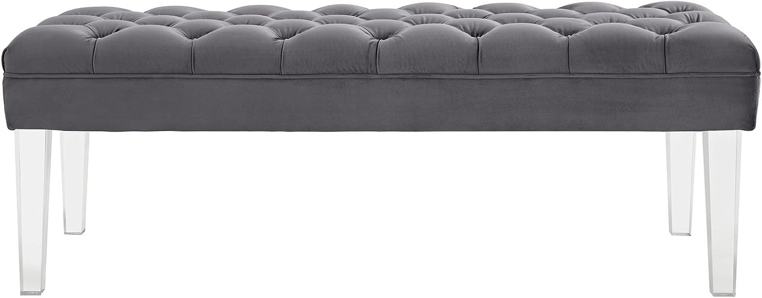 Modway Valet Tufted Button Performance Velvet Upholstered Bedroom Or Entryway Bench with Acrylic Legs in Gray