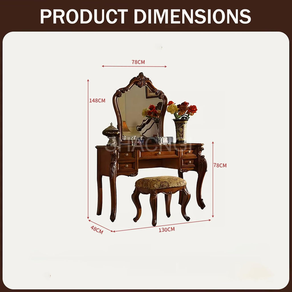 Mid Century European Antique Makeup Vanity, Vintage Brown Makeup Table with 5 Drawers and Mirror, Fabric Upholstered Stool, Bedroom Dressing Table for Women Girls (130cm/51in)
