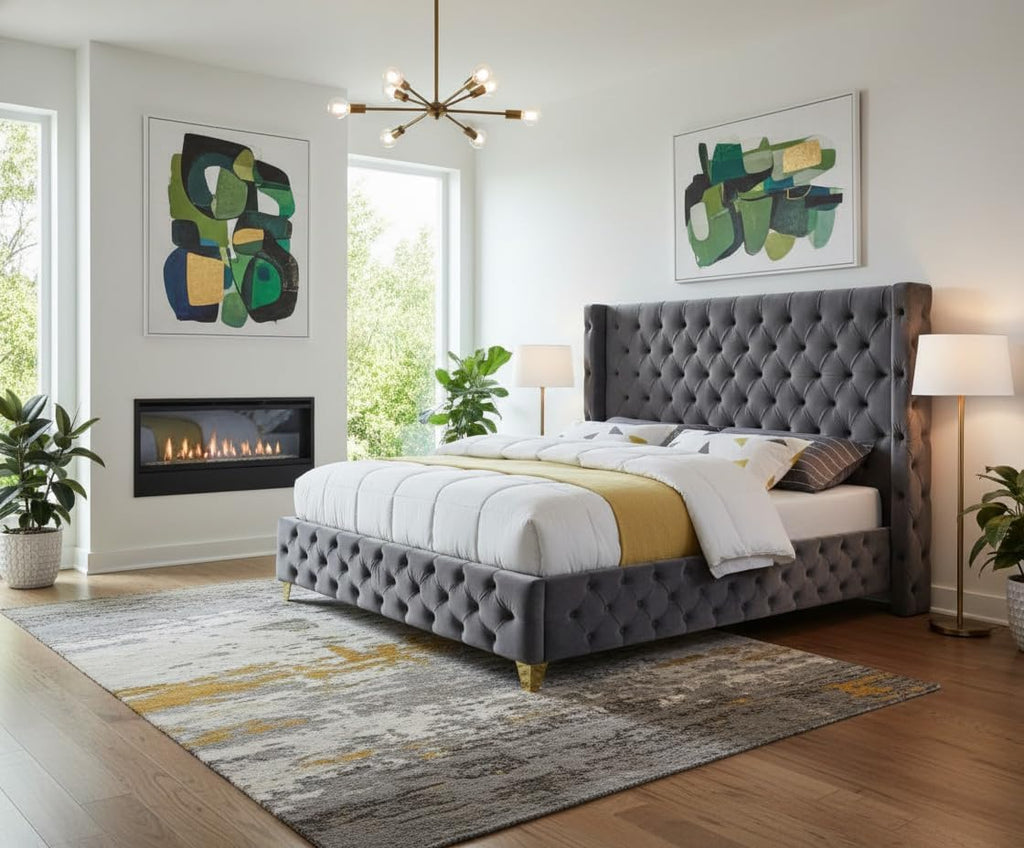 Meridian Furniture SavanGrey-K Savan Collection Modern | Contemporary Velvet Upholstered Bed with Deep Button Tufting in Gold or Chrome Finish, 88' W x 86' D x 56' H, Grey, King