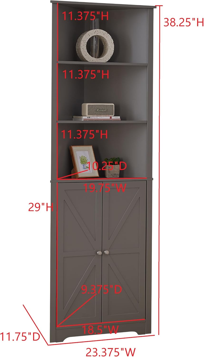 Kings Brand Furniture Tall Wooden Corner Cabinet with 2 Doors and 5 Shelves Storage Shelf Organizer, Home Space Saver, Bathroom, Kitchen, Living Room, Grey