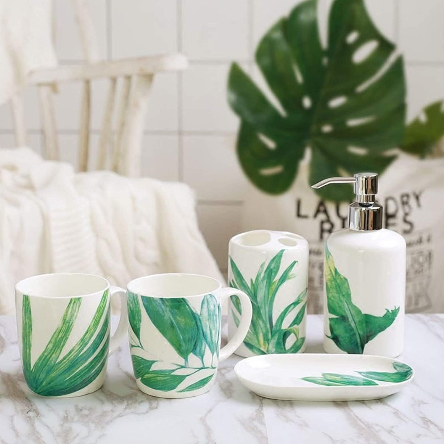 Vanity Bathroom Decor, White Bathroom Accessories Set Ceramic 5 Pieces Bathroom Ensemble for Bath Decor Tropical Plant Pattern Housewarming Gift(5-Piece Set)