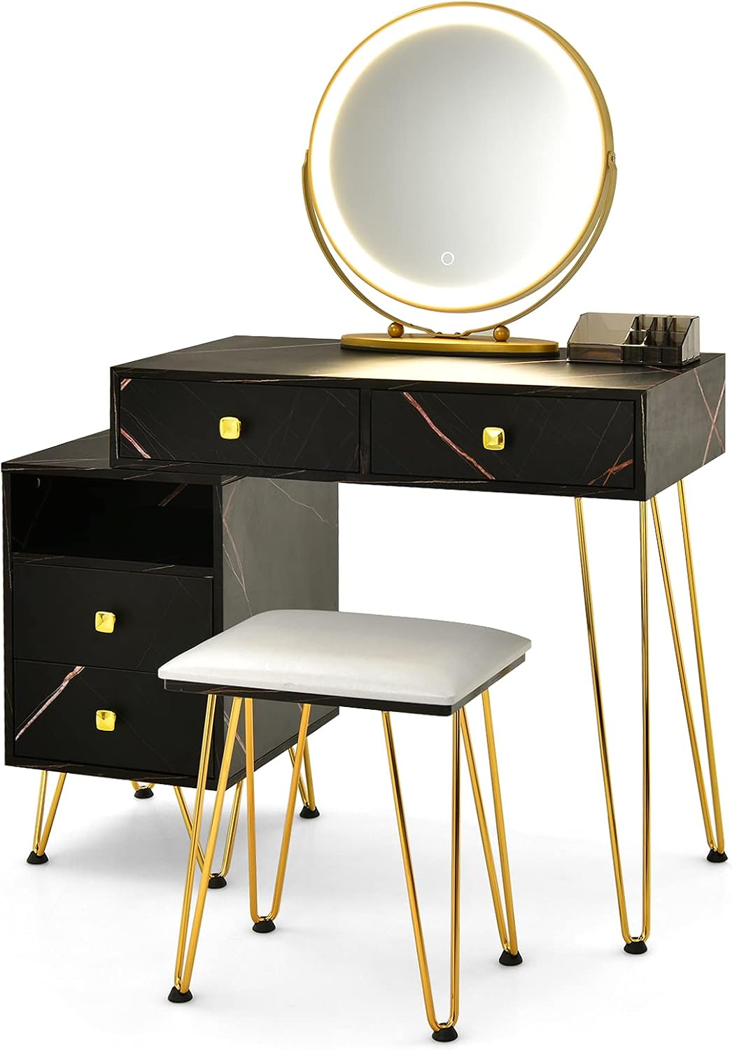 CHARMAID Vanity Desk with Reversible Side Cabinet, Makeup Vanity Table with Lighted Mirror, 3 Color Lights, 4 Drawers, Bedroom Dressing Table with Nightstand and Stool, Marble Black