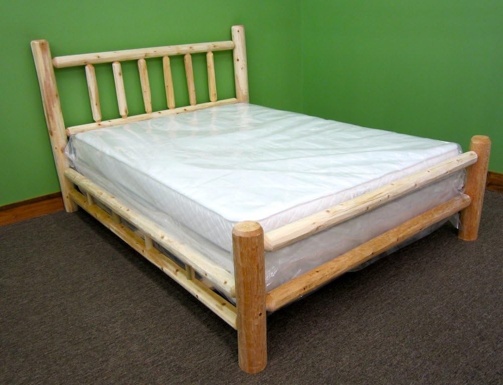 Log Bed Frame with Headboard, King Size - Unfinished, Natural, Solid White Cedar Wood, Heavy Duty, Amish Handcrafted in USA