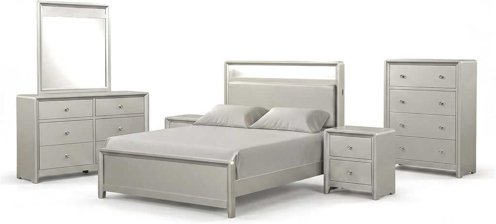 Furniture of America Standin Modern Solid Wood 6-Piece Bedroom Set with LED on Bookcase Headboard, USB-A and USB-C on Both Sides, Brushed Nickel Finish, Box Spring Needed, King, Champagne