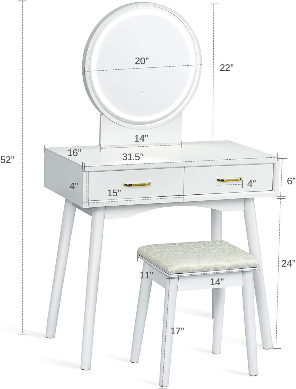 CHARMAID Vanity Set with Touch Screen Dimming Lighted Mirror, 3 Color Lighting Modes, Modern Bedroom Makeup Dressing Table with 2 Sliding Drawers and Cushioned Stool for Girls Women (White)