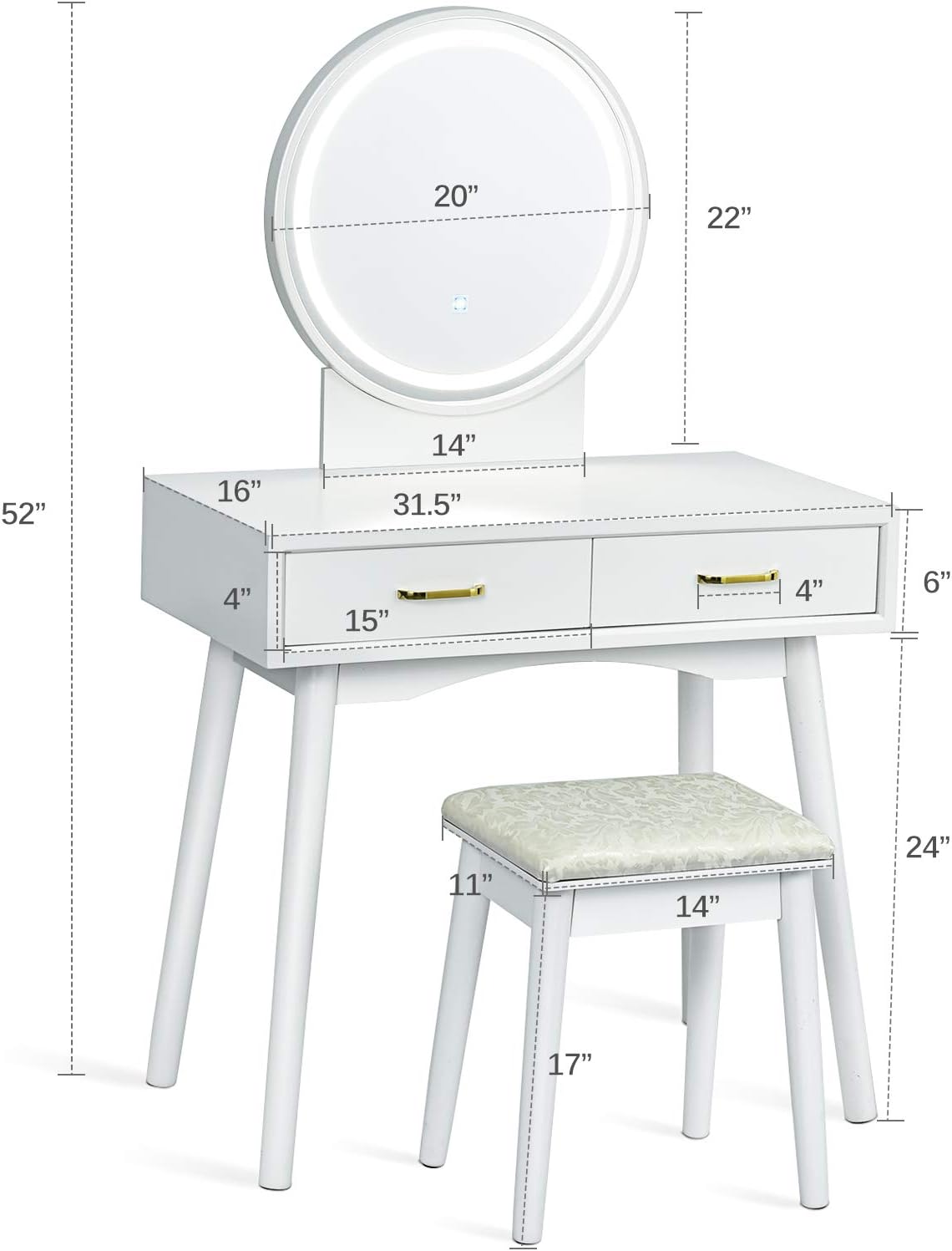 CHARMAID Vanity Set with Touch Screen Dimming Lighted Mirror, 3 Color Lighting Modes, Modern Bedroom Makeup Dressing Table with 2 Sliding Drawers and Cushioned Stool for Girls Women (White)