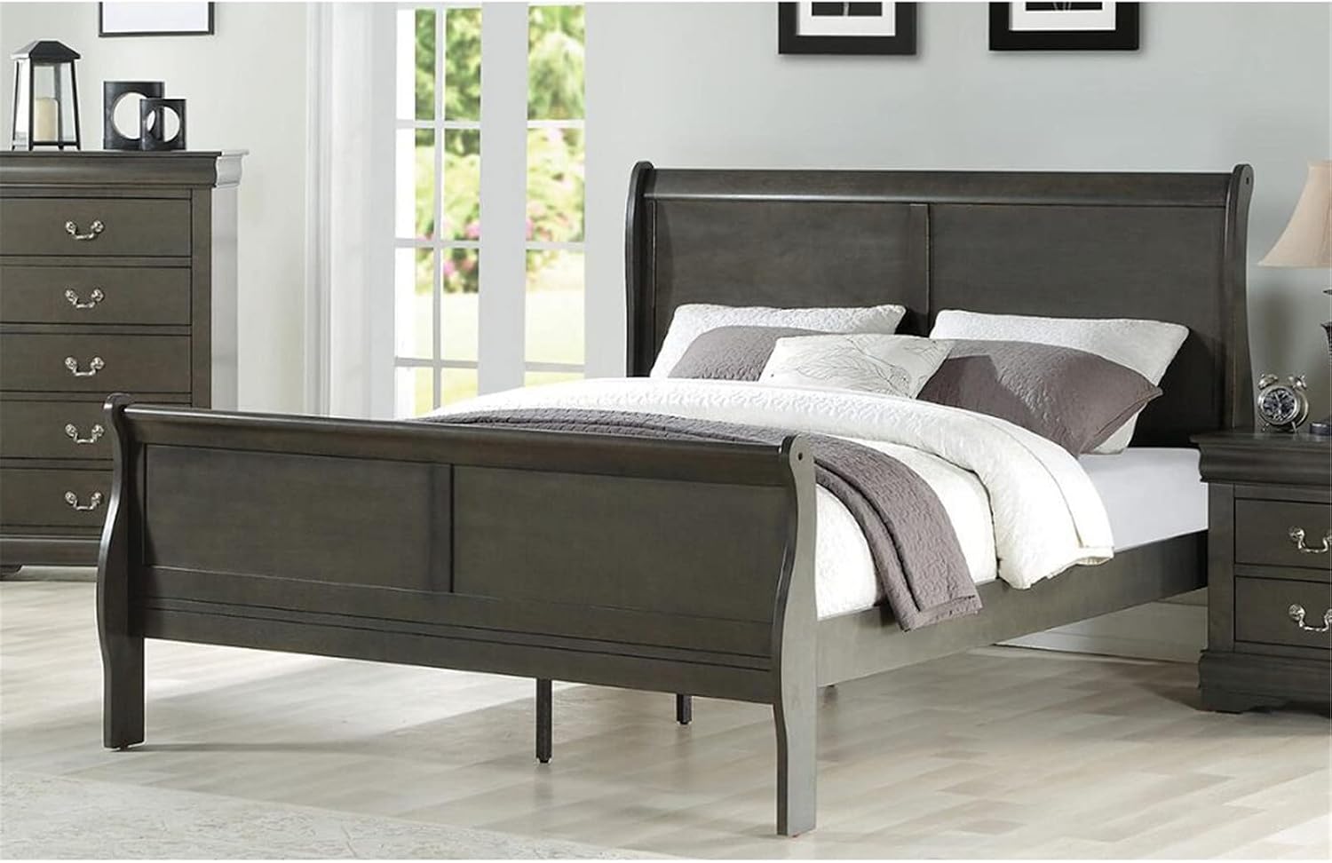 Home Bedroom Furniture Sets,Modern Dark Gray Finished Furnitures Wood Bed Frame s Dresser Chest of Drawers with Brushed Nickel Metal Hardware for Bedroom Living Room (King Bed)