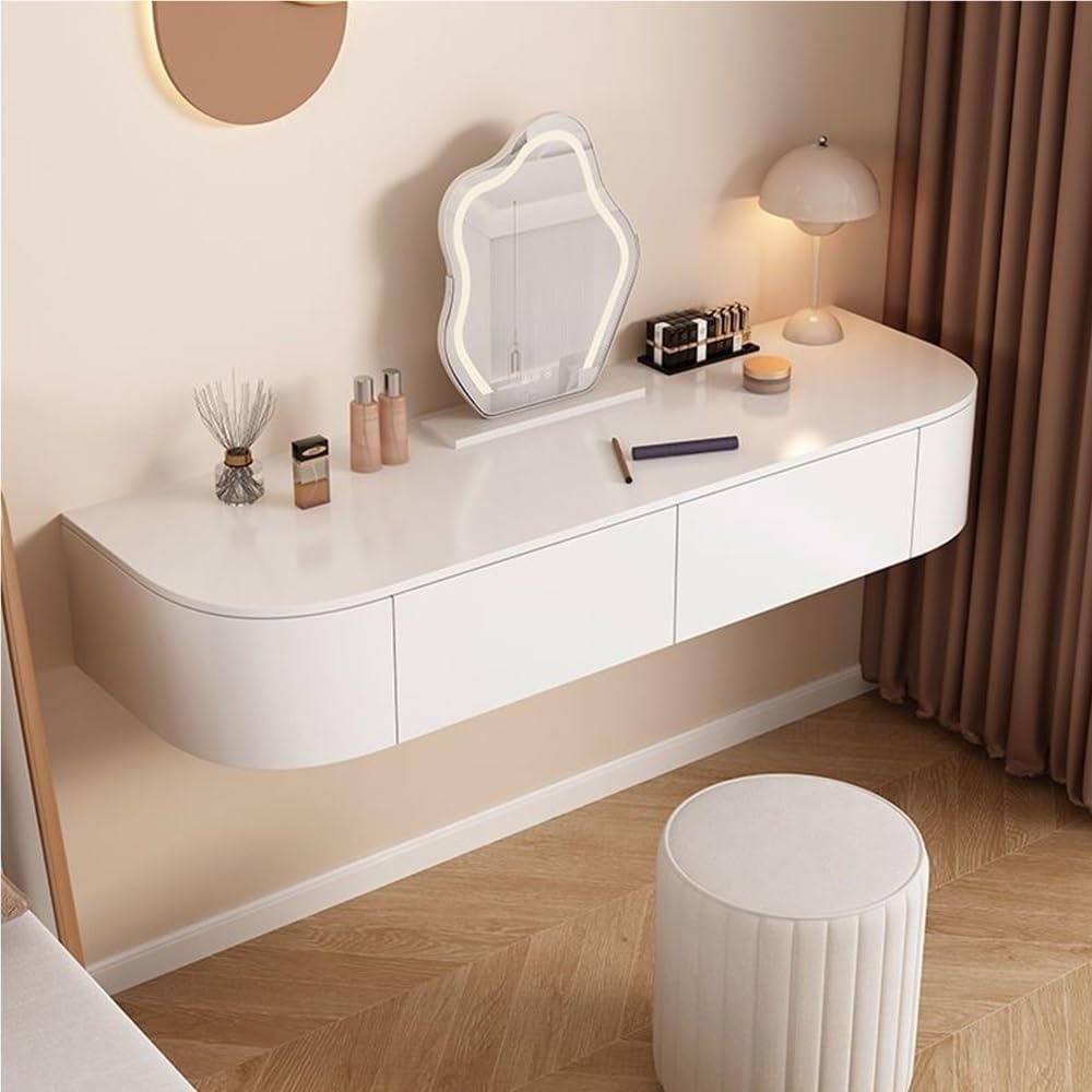 Wall Mounted Floating Vanity Table with Drawer Minimalist White Corner Makeup Desk Stable Wall-Hung Dressing Table for Room Space Saver(120 cm)