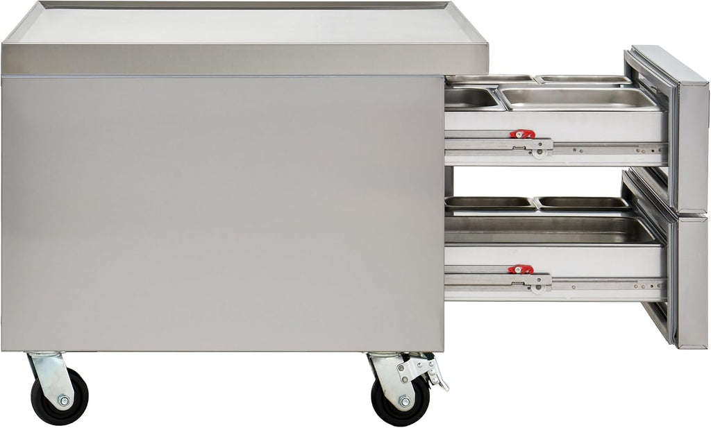 Kratos Commercial Refrigerator, 36' Wide Two Drawer Chef's Base, Refrigerated Mobile Equipment Stand for Restaurants, Stainless Steel, 115V, 6.5 Cubic Ft. Capacity (67K-314)