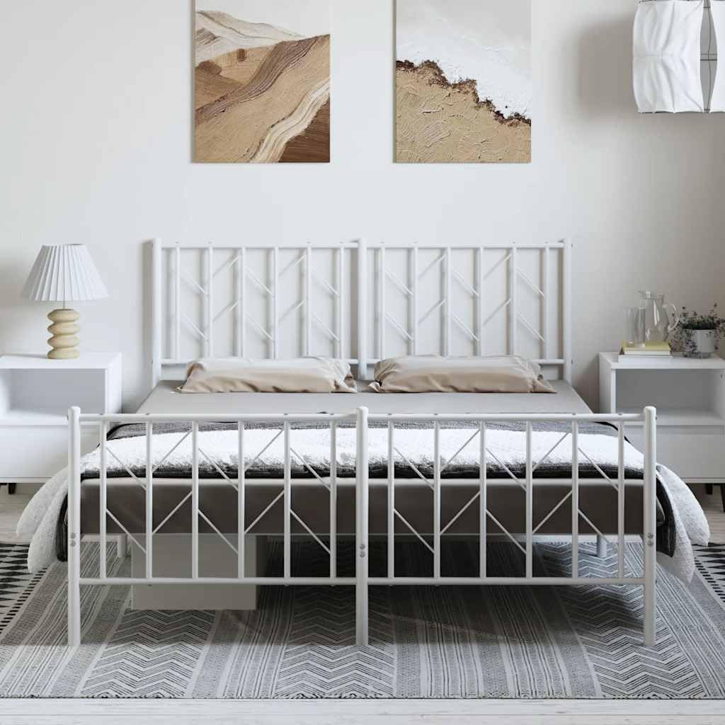 Metal Bed Frame Queen Size White Steel Platform Bedframe with Footboard and Underbed Storage Space, Sturdy Bed Base for Bedroom Furniture