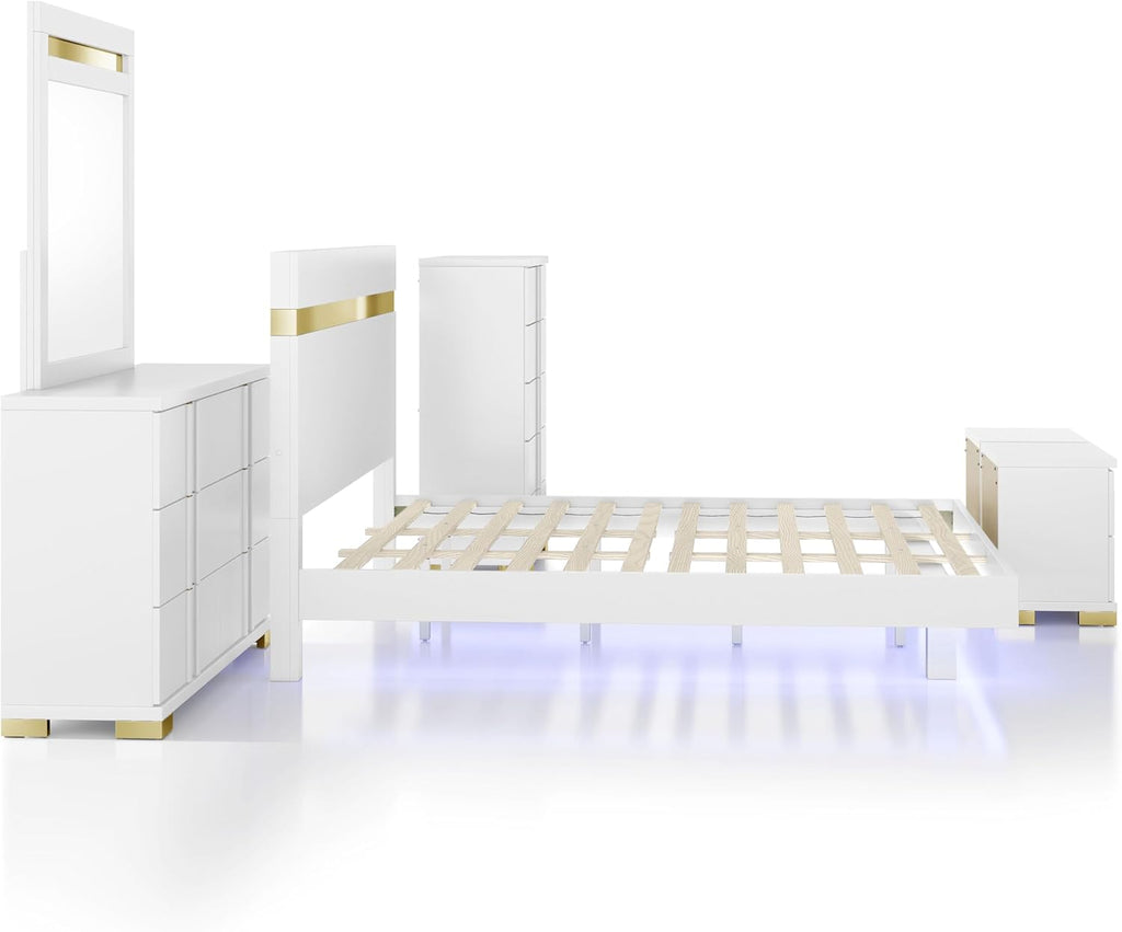 Furniture of America Ansten Modern Wood 6-Piece Platform Bedroom Set with Gold Trim, Underbed LED, Dust Proof Cases, Bracketed Metal Legs, No Box Spring Needed, Twin, White