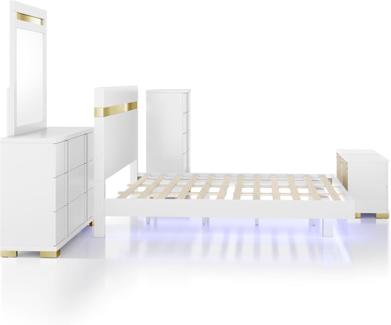 Furniture of America Ansten Modern Wood 6-Piece Platform Bedroom Set with Gold Trim, Underbed LED, Dust Proof Cases, Bracketed Metal Legs, No Box Spring Needed, Twin, White
