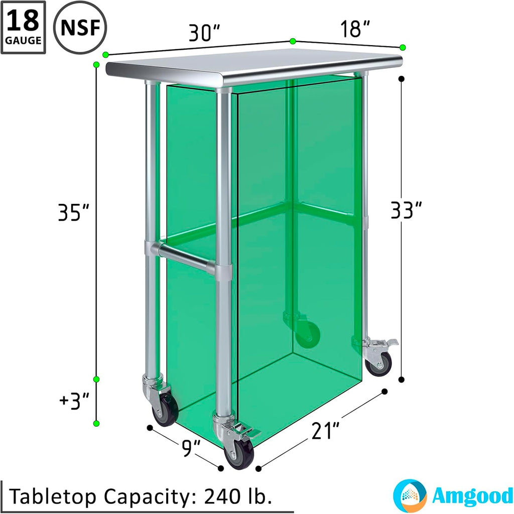 AmGood Stainless Steel Work Table Open Base & Wheels | Work Station | Metal Work Bench (Stainless Steel Work Table Open Base + Casters, 30' Long x 18' Deep)