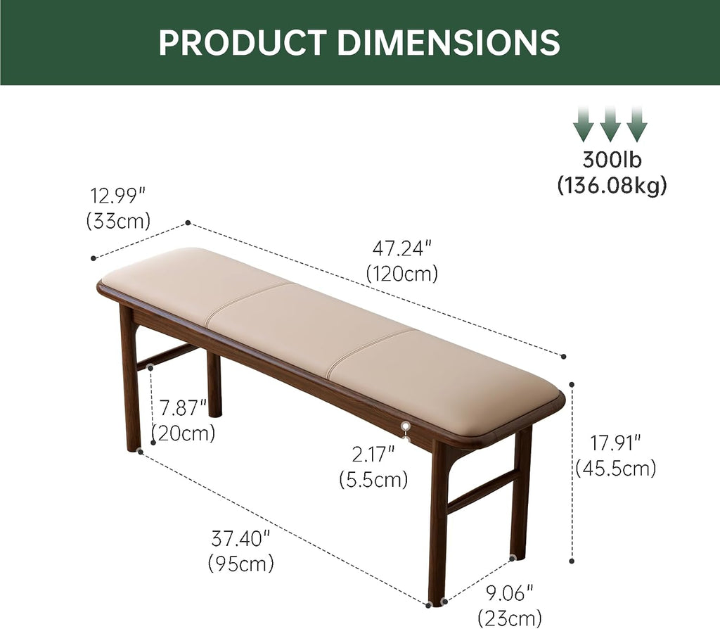 Solid Wood Leather Upholstered Dining Bench & Stool Set, 47.2'' Long Bench and 17.7'' Suqare Stool Set for Dining Table, Walnut Ottoman Footrest Bench Seat for Entryway Dining Bedroom, 3pcs