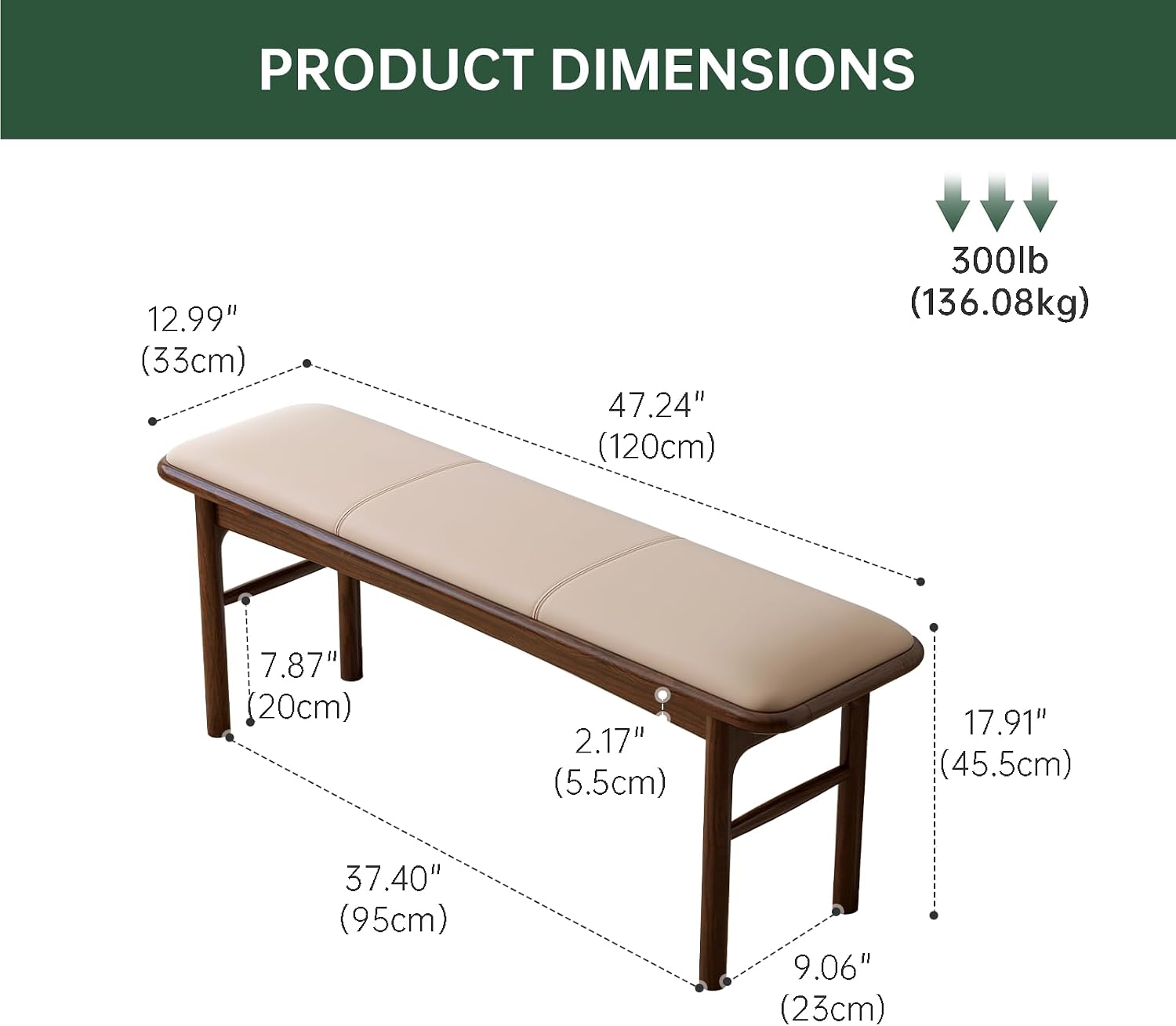 Solid Wood Leather Upholstered Dining Bench & Stool Set, 47.2'' Long Bench and 17.7'' Suqare Stool Set for Dining Table, Walnut Ottoman Footrest Bench Seat for Entryway Dining Bedroom, 3pcs