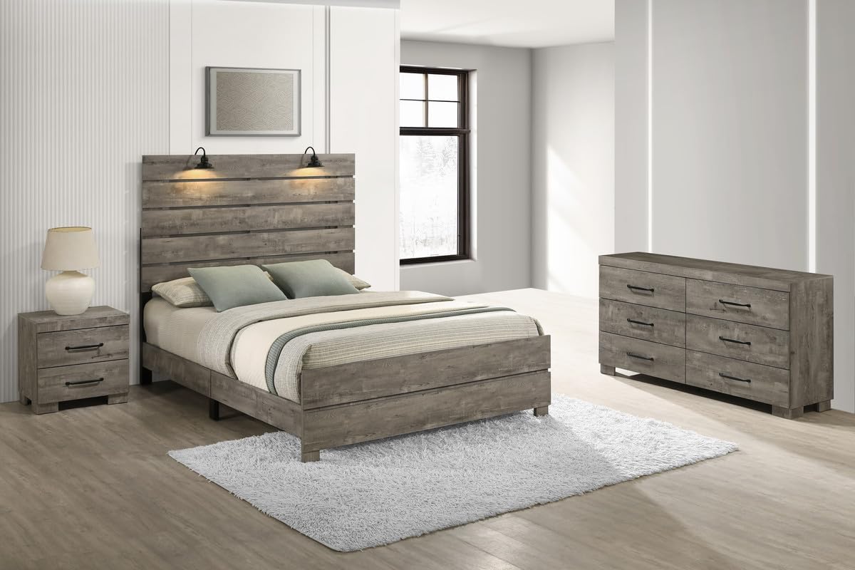 Modern 3-Piece Queen Bedroom Set with LED Reading Lamps and USB Nightstands – Panel Bed Frame, Dresser, and Nightstand in Antique Gray Laminate Finish