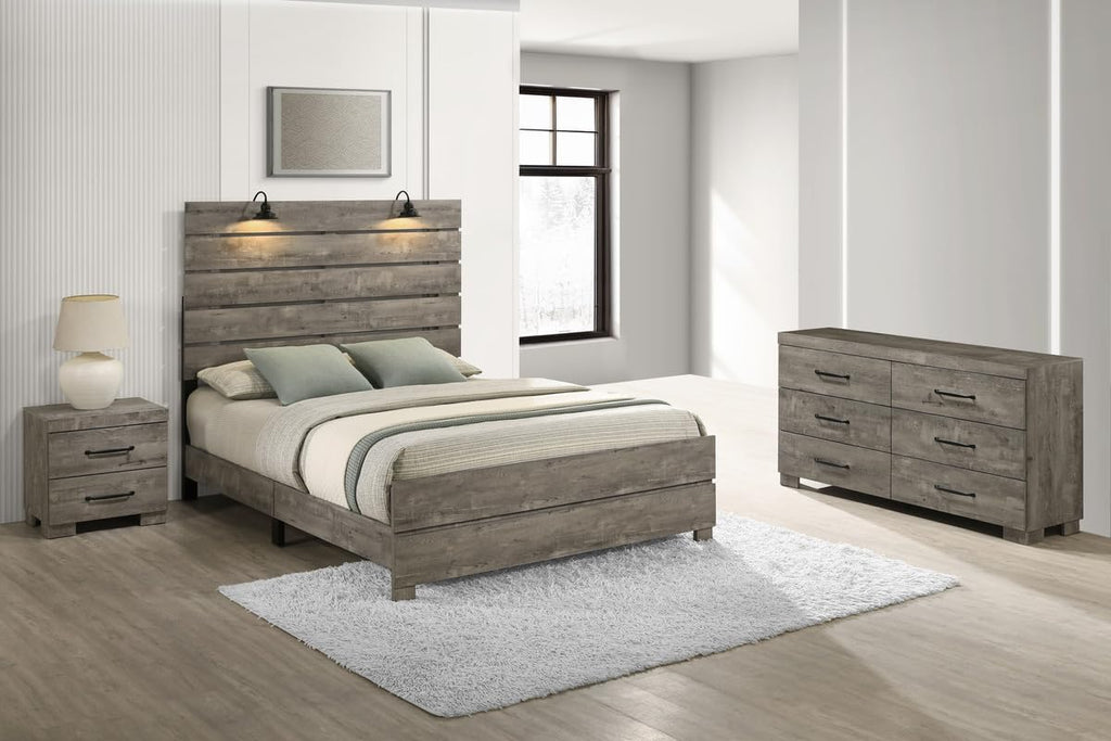 Modern 3-Piece Eastern King Bedroom Set with LED Reading Lamps and USB Nightstands – Panel Bed Frame, Dresser, and Nightstand in Antique Gray Laminate Finish