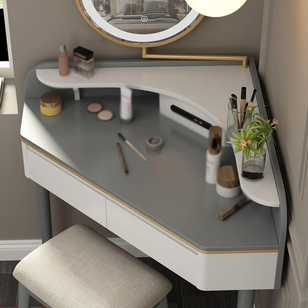 Makeup Vanity Dressing Table, Corner Bedroom Dressing Table, Light Luxury Lighted Mirror, Triangular Dressing Table Wooden Vanity