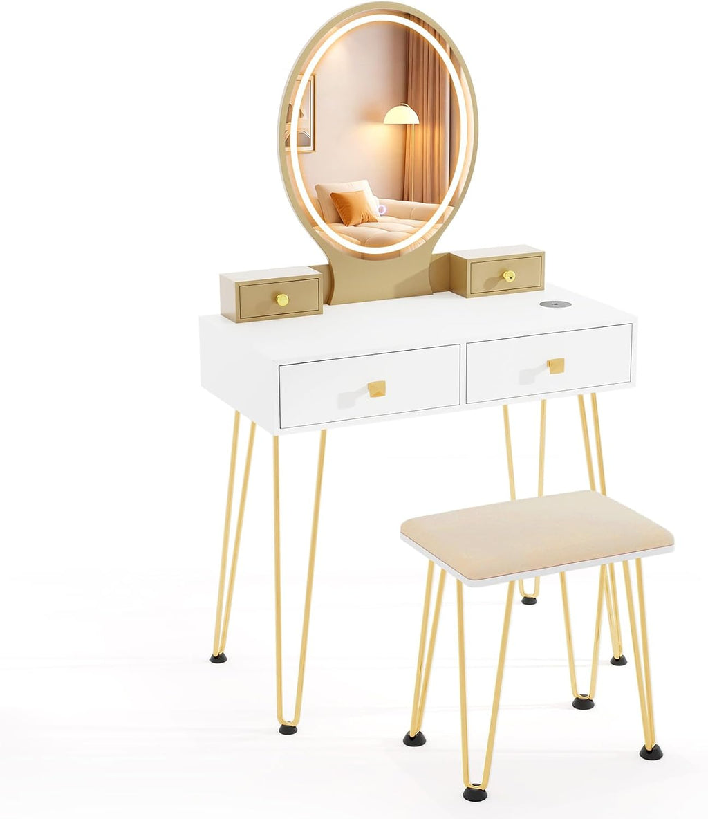 CHARMAID Vanity Desk with Mirror and Lights, White Makeup Vanity Table with 4 Drawers, Charging Station, 3-Color Lighted Mirror, Modern Girls Dressing Table with Stool for Small Bedroom