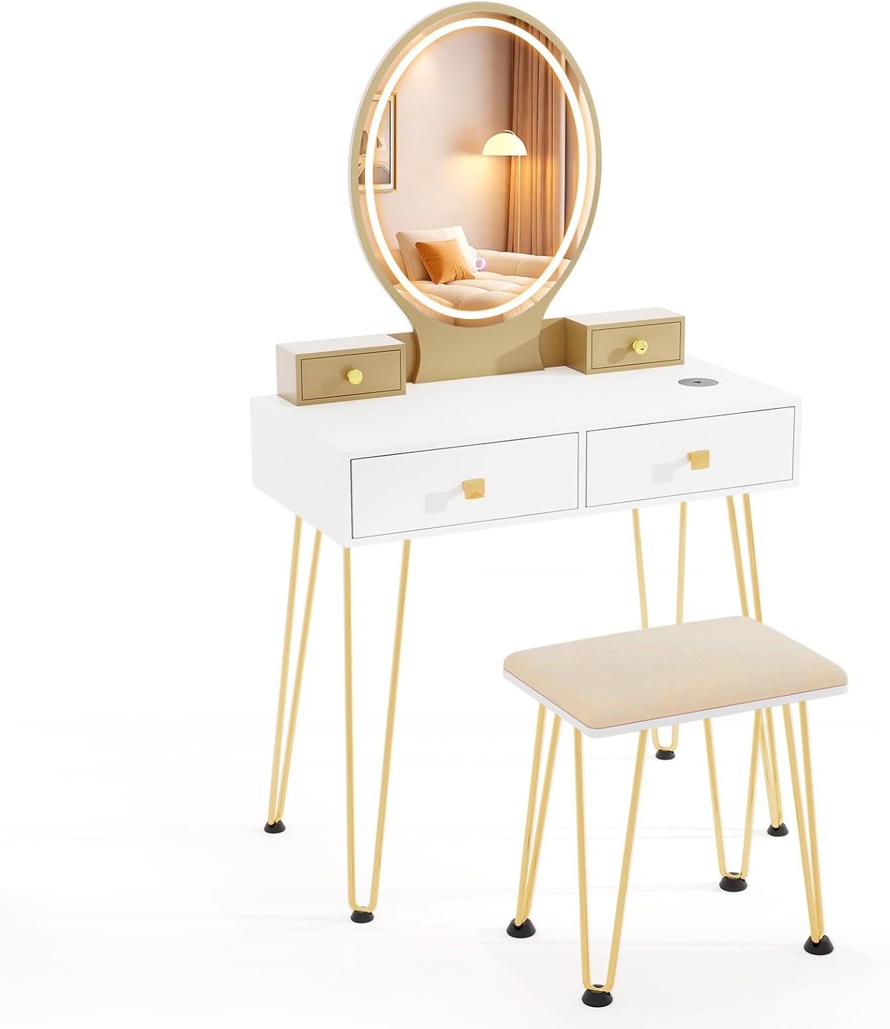 COSTWAY Vanity Desk Set with Mirror and Lights, Vanity Mirror with 3 Color Lighting Modes & Adjustable Brightness, Makeup Dressing Table with Cushioned Stool for Women Girls (White & Golden)