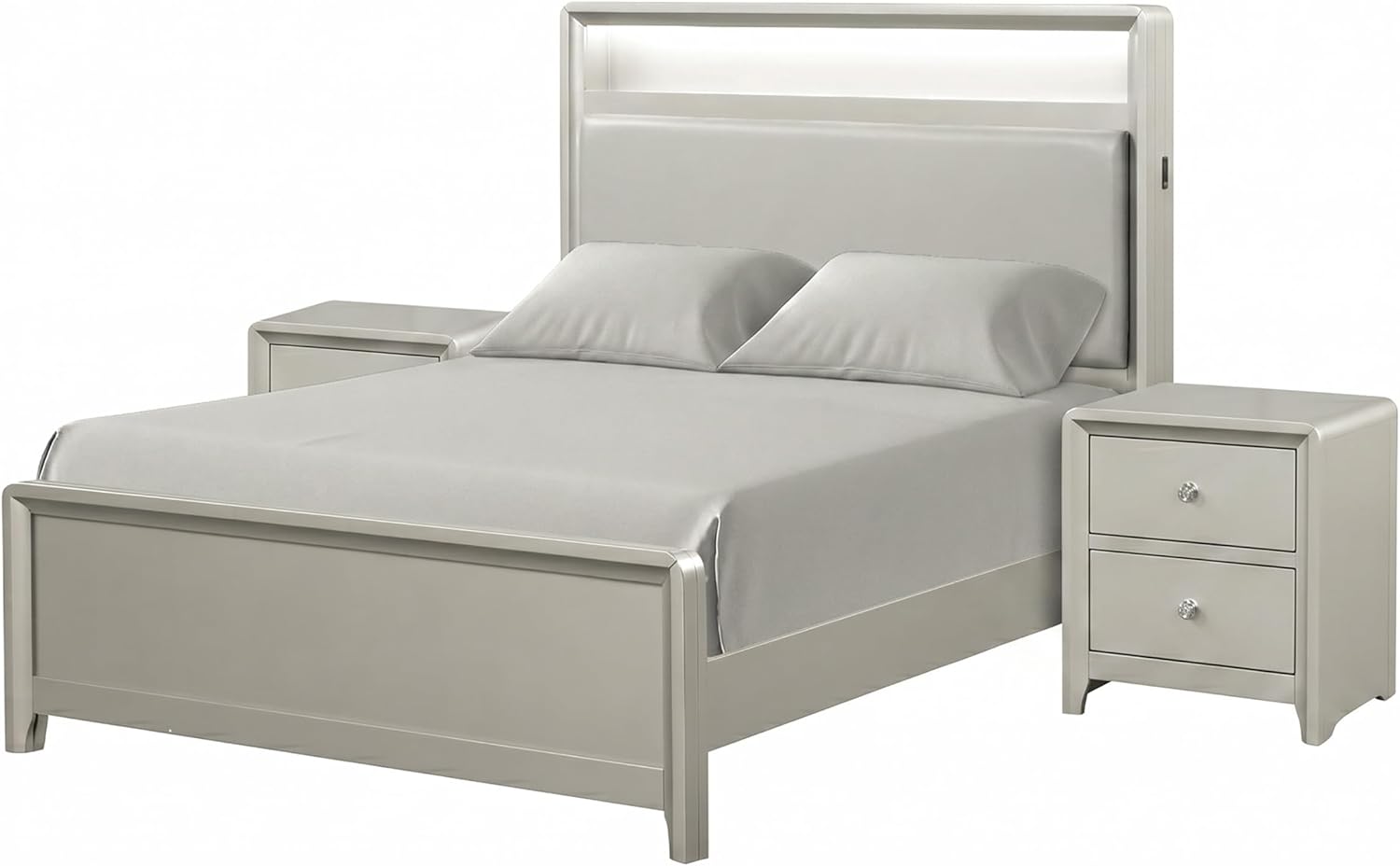 Furniture of America Standin Modern Solid Wood 3-Piece Bedroom Set with LED on Bookcase Headboard, USB-A and USB-C on Both Sides, Brushed Nickel Finish, Box Spring Needed, Twin, Champagne