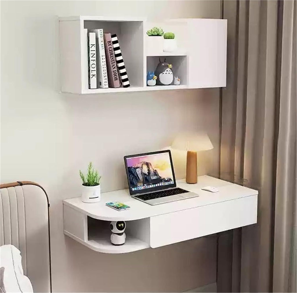 Vanity Set Dressing Table Floating Laptop Table with Supporting Bookshelf Wall Mounted Shelf with Drawers Space-Saving Corner Vanity Desk,Ideal for Home