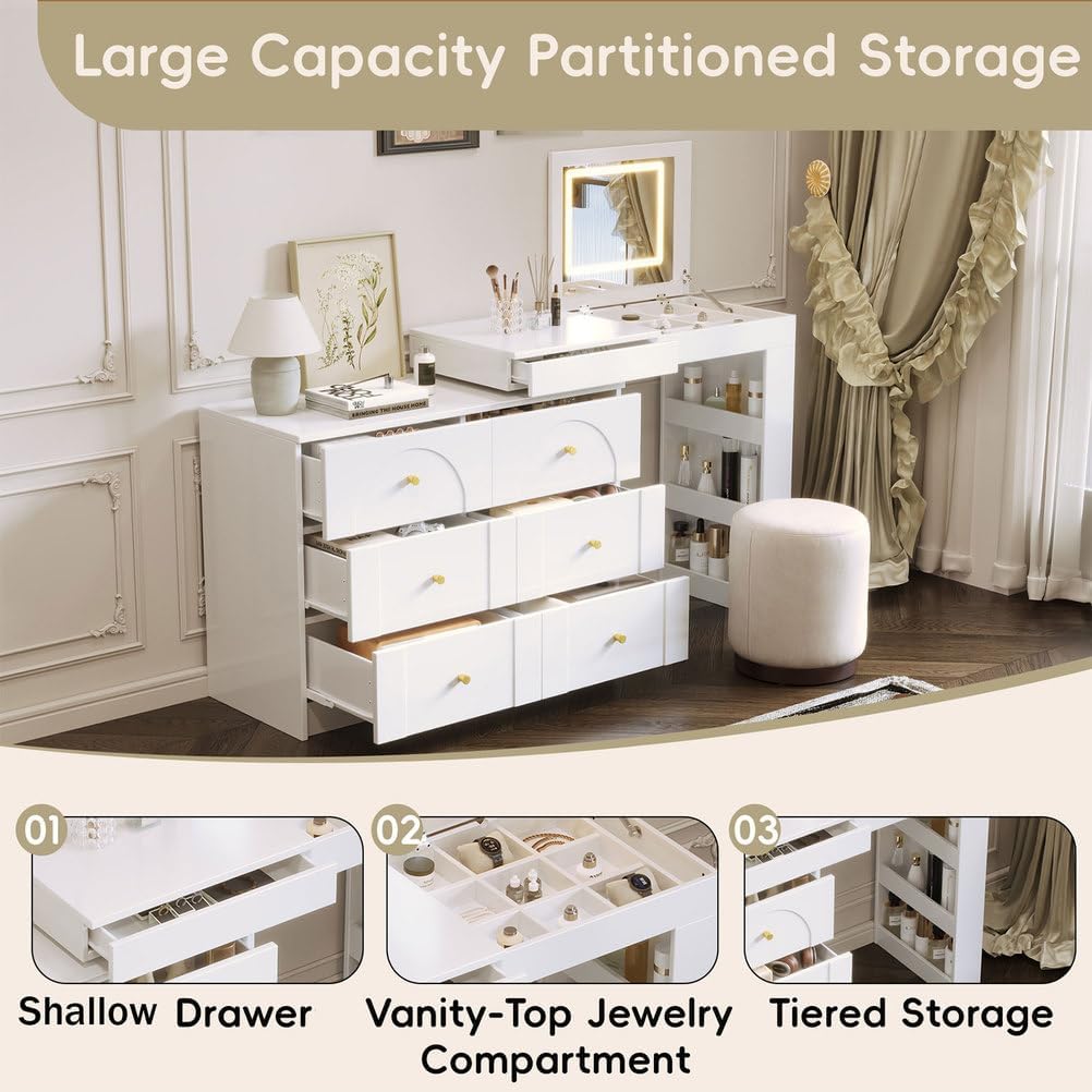 60'' Vanity Desk with Flip-Top Mirror & LED Lights, Convertible L-Shaped Makeup Vanity Table with 6 Drawers, Shelves & Storage Compartments, Modern Corner Dressing Table for Bedroom,White