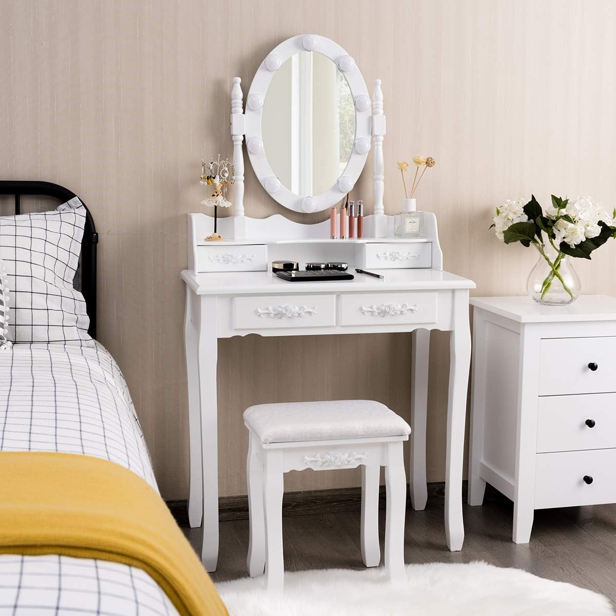 DORTALA Vanity Table Set, Makeup Table with 10 Dimmable Bulbs Lighted Mirror & 4 Drawers, Cushioned Stool, Solid Wood Leg, Classic Dressing Table Set for Home, Salon, White