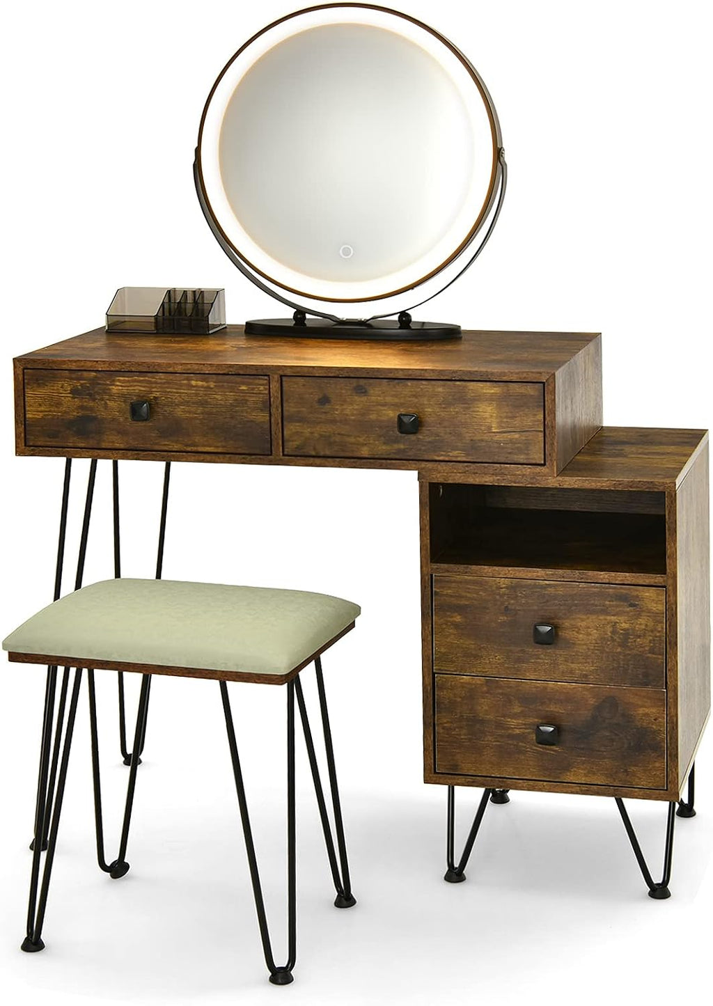 CHARMAID Vanity Desk with Reversible Side Cabinet, Makeup Vanity Table with Lighted Mirror, 3 Color Lights, 4 Drawers, Bedroom Dressing Table with Nightstand and Stool, Rustic Brown