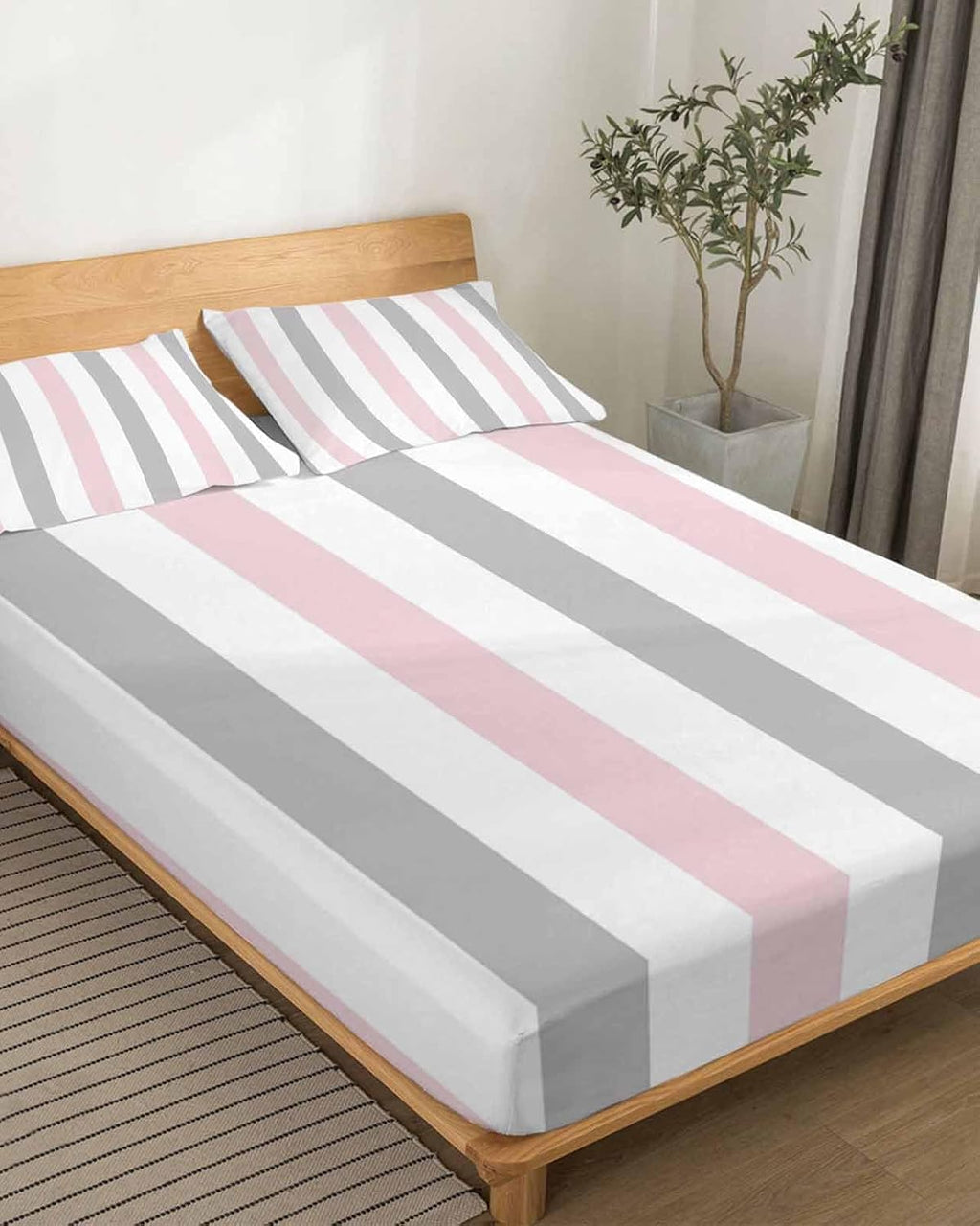 Pink Grey Striped Queen Sheet Set 4 Piece Bedding - Geometric Vertical Stripes Minimalist Breathable Comfy Cooling Bed Sheets & Pillowcase Sets,Hotel Luxury Flat Sheets Deep Pockets Fitted Sheet