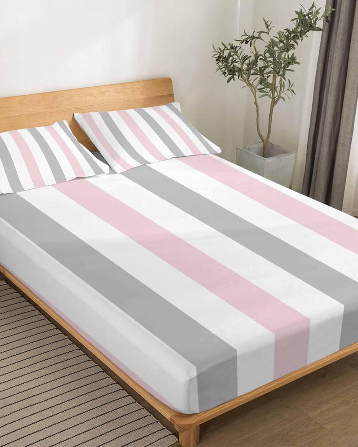 Pink Grey Striped King Sheet Set 4 Piece Bedding - Geometric Vertical Stripes Minimalist Breathable Comfy Cooling Bed Sheets & Pillowcase Sets,Hotel Luxury Flat Sheets Deep Pockets Fitted Sheet